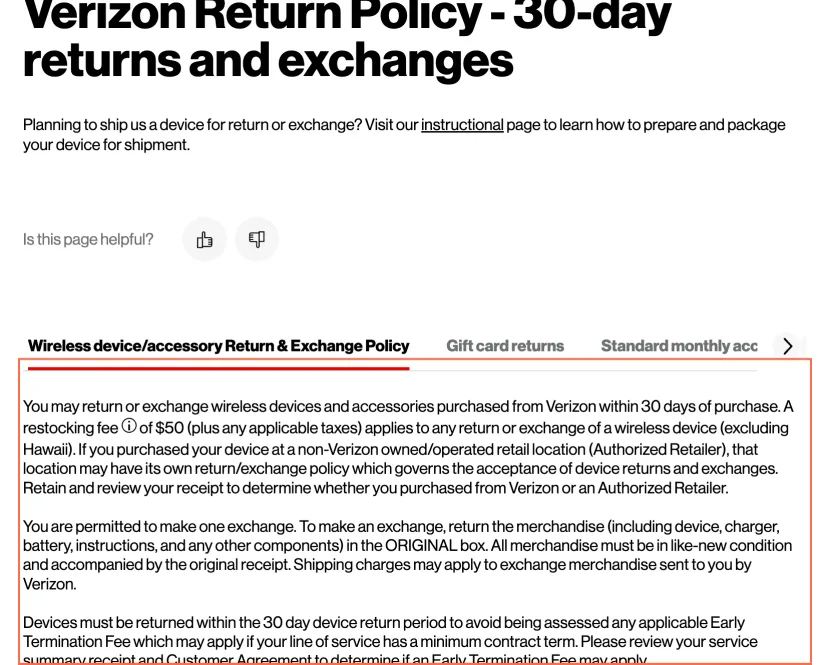 verizon.com at desktop size, the frame on what this finding is about: The return policy page's tabs and breadcrumb carry invalid ARIA.