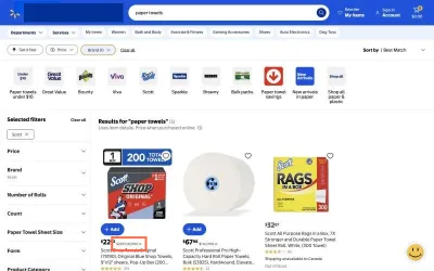 walmart.com at desktop size, the frame on what this finding is about: Unit price on Scott Shop Towels reads $2293.00/100 ct for a $22.93 box.
