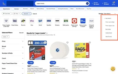 walmart.com at desktop size, the frame on what this finding is about: Sort has no unit-price option, and filter lists show no result counts.