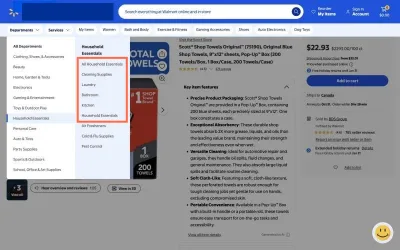 walmart.com at desktop size, the frame on what this finding is about: The ‘Household Essentials’ menu item and its page carry three different names.