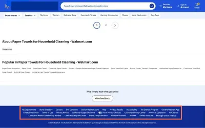 walmart.com at desktop size, the frame on what this finding is about: Footer links are 21px tall and tightly stacked, in one ungrouped run.