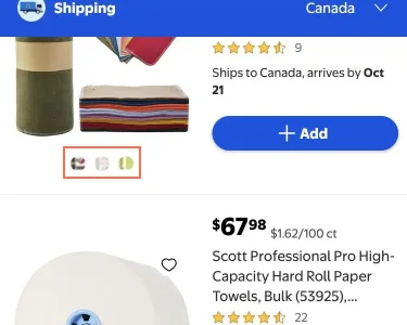 walmart.com at phone size, the frame on what this finding is about: Colour swatches under results are 18x20px with 4px gaps on a phone.