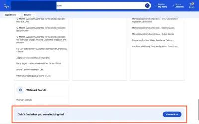 walmart.com at desktop size, the frame on what this finding is about: Desktop help lists about 270 links in 13 cards and offers chat as the only contact.