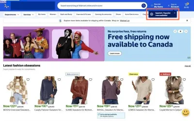 walmart.com at desktop size, the frame on what this finding is about: A ‘Spanish / Español’ bubble covers part of the ‘Dog Toys’ chip.